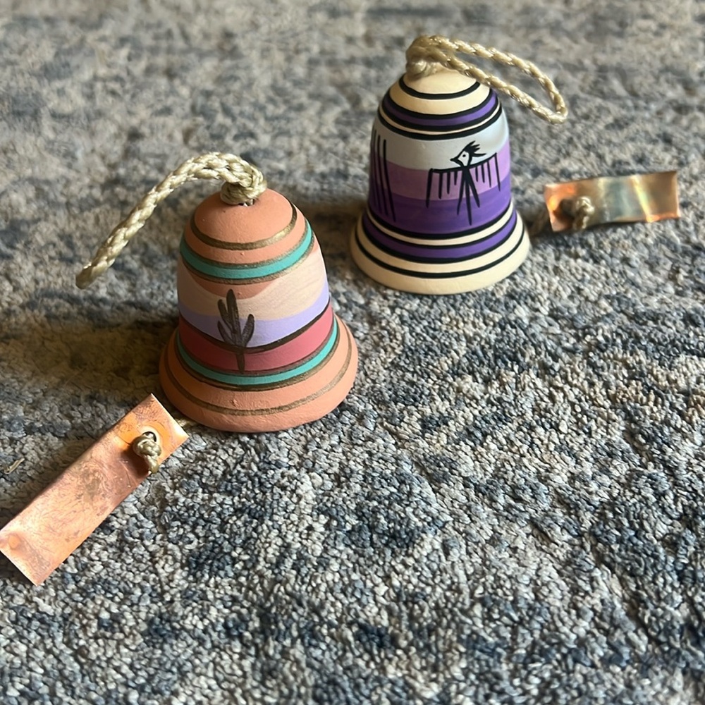 Tesa 2 Southwestern Hand painted Clay Christmas Bells Tribal Designs